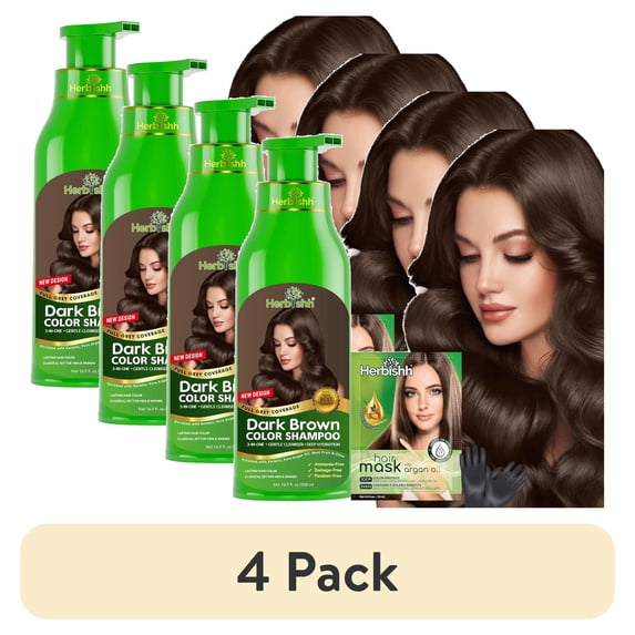 (4 pack) Herbishh Dark Brown Color Shampoo for Gray Hair, Permanent Hair Colour, Men & Women (500 ml)