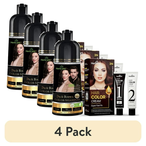 (4 pack) Herbishh Dark Brown Shampoo, Hair Dye Shampoo 3 in 1, 100% Grey Coverage, Demi-Permanent Hair Color for Men & Women, With Rapid Infusion Cream Combo