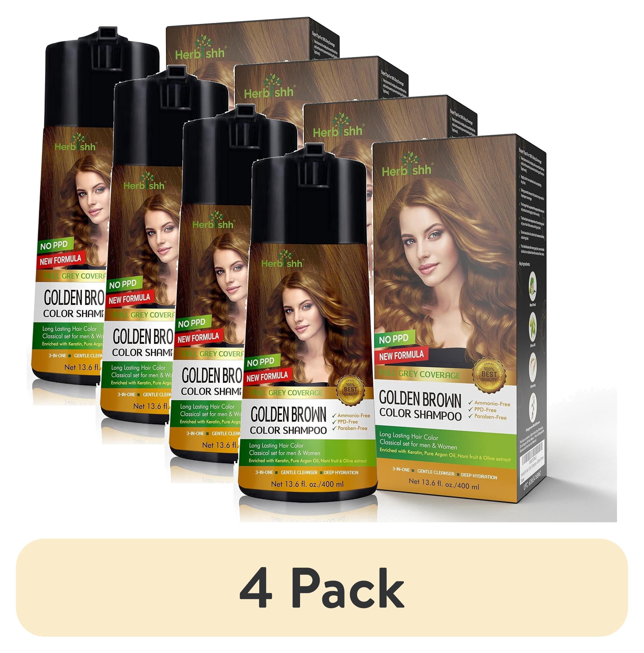 (4 pack) Herbishh Golden Brown PPD-Free Hair Color Shampoo for Gray Hair, Hair Dye Shampoo 3 in 1, 100% Gray Coverage, Permanent Hair Color for Men & Women, Ammonia-free, 400 ml