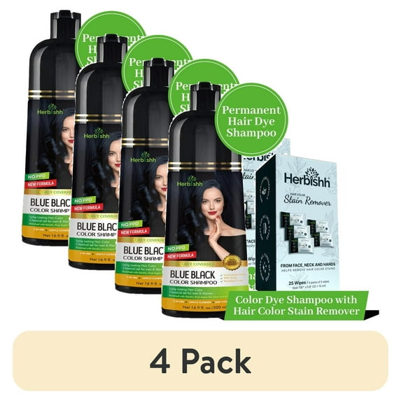 (4 pack) Herbishh Hair Color Shampoo For Gray Hair – Blue Black Hair Dye Shampoo 3 In 1 | Ammonia-Free 500ml + Color Stain Remover | Hair Color Shampoo For Men & Women