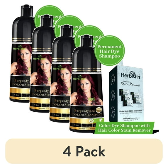 (4 pack) Herbishh Hair Color Shampoo For Gray Hair – Burgundy Hair Dye Shampoo 3 In 1 | Ammonia-Free 500ml + Color Stain Remover | Hair Color Shampoo For Men & Women