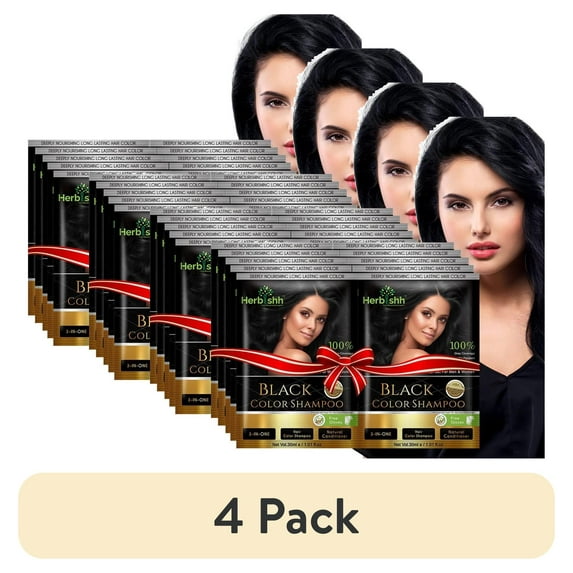 (4 pack) Herbishh Hair Color Shampoo for Gray Hair, Men & Women, Travel Size, 10+1 Pack (Black 30 ml)