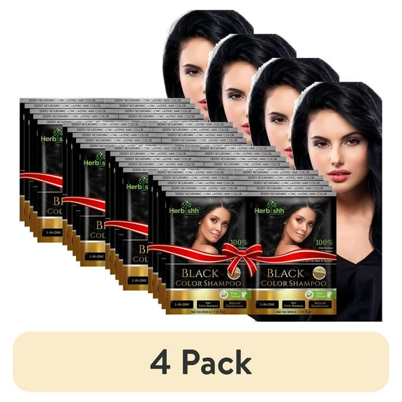 (4 pack) Herbishh Hair Color Shampoo for Gray Hair, Men & Women, Travel Size, 10+1 Pack (Black 30 ml)