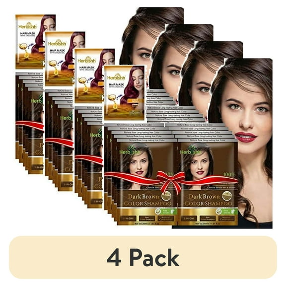 (4 pack) Herbishh Hair Color Shampoo for Gray Hair, Men & Women, Travel Size, 10+1 Pack (Dark Brown 30 ml)