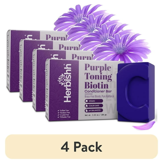 (4 pack) Herbishh Purple Toning Conditioner Bar for Blonde, Silver & Gray Hair, Neutralizes Brassiness, Adds Shine & Moisture, Biotin Conditioner Bar, Sulfate-Free, Eco-Friendly, Travel-Ready, 3.53 oz
