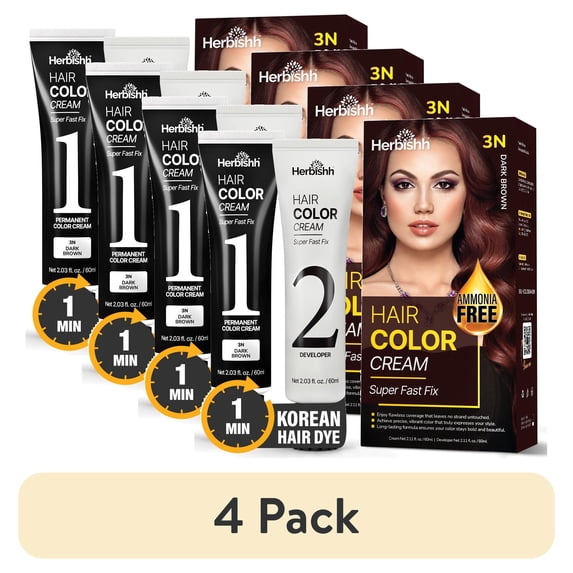 (4 pack) Herbishh Rapid Infusion Hair Color Cream – 3N Dark Brown Hair Dye Permanent One Minute with Comb Applicator, Hair Color for Gray Hair Coverage, Ammonia-Free, Patented Korean Technology, 2.03 fl. Oz
