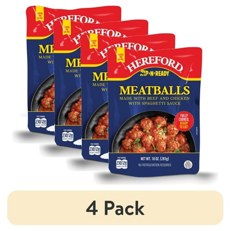 (4 pack) Hereford Meatballs with Spaghetti Sauce, Fully Cooked, Shelf Stable, 10 oz Pouch