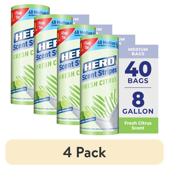 (4 pack) Hero Scent Stripes 8-Gallon, Citrus Scented, Medium Flap Tie Trash Bags, 40 Count