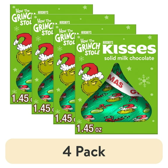 (4 pack) Hershey's Kisses Grinch Solid Milk Chocolate Christmas Candy Stocking Stuffers, Gift Box 1.45 oz