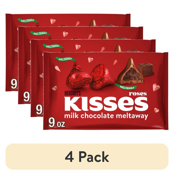 (4 pack) HERSHEY'S KISSES Milk Chocolate Meltaway, Valentine's Day Candy Bag, 9 oz