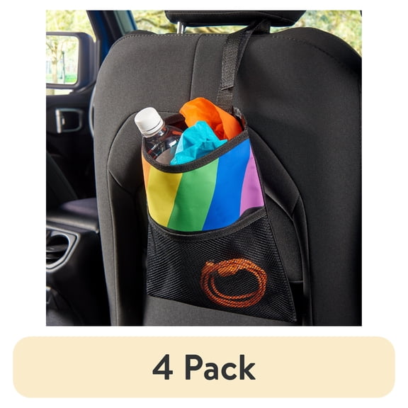 (4 pack) High Road Hanging Car Trash Bag with Waterproof Liner, Storage Pocket and Adjustable Strap to Hang in The Front or Back Seat