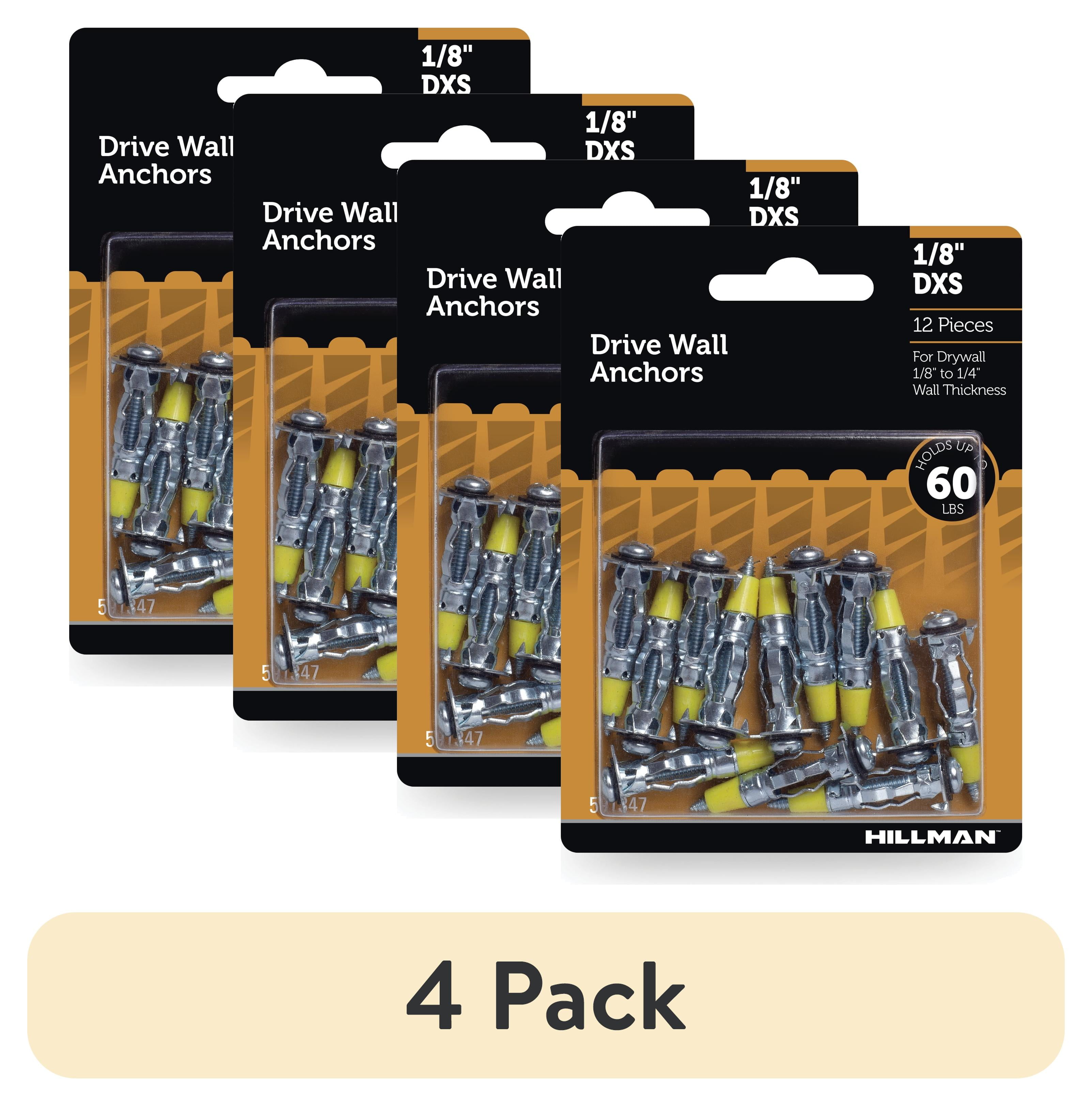 (4 pack) Hillman Drywall Anchor Screws, 1/8" x DXS, Steel, Zinc, Corrosion Resistant, 60 lbs, Silver, 12 sets