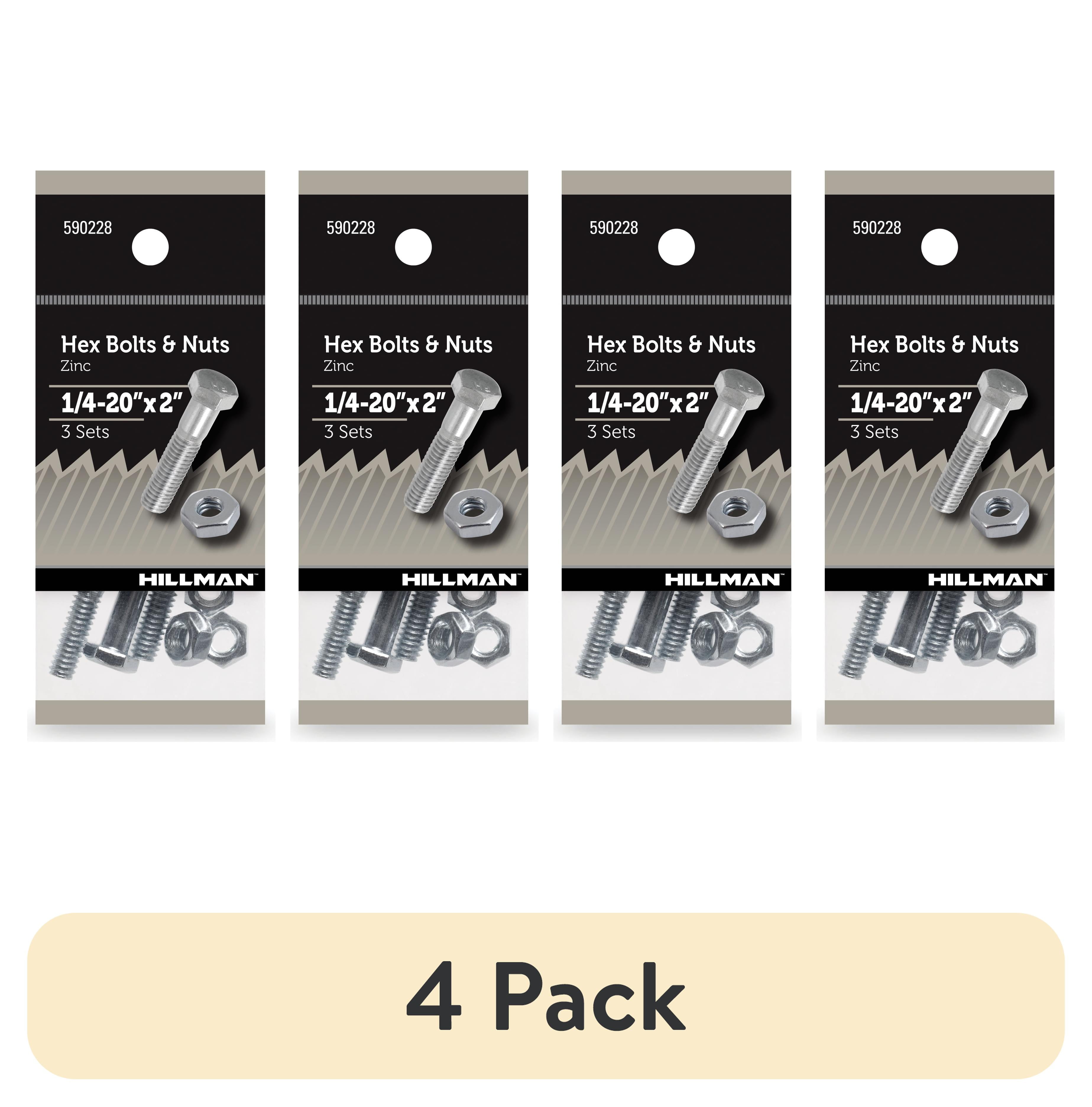 (4 pack) Hillman Hex Bolts and Nuts, 1/4-20" x 2", Steel, Zinc Finish, Silver, 3 sets