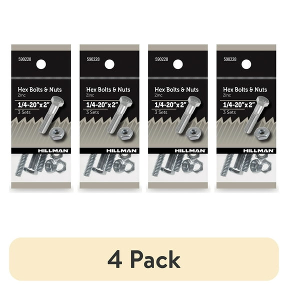 (4 pack) Hillman Hex Bolts and Nuts, 1/4-20" x 2", Steel, Zinc Finish, Silver, 3, sets