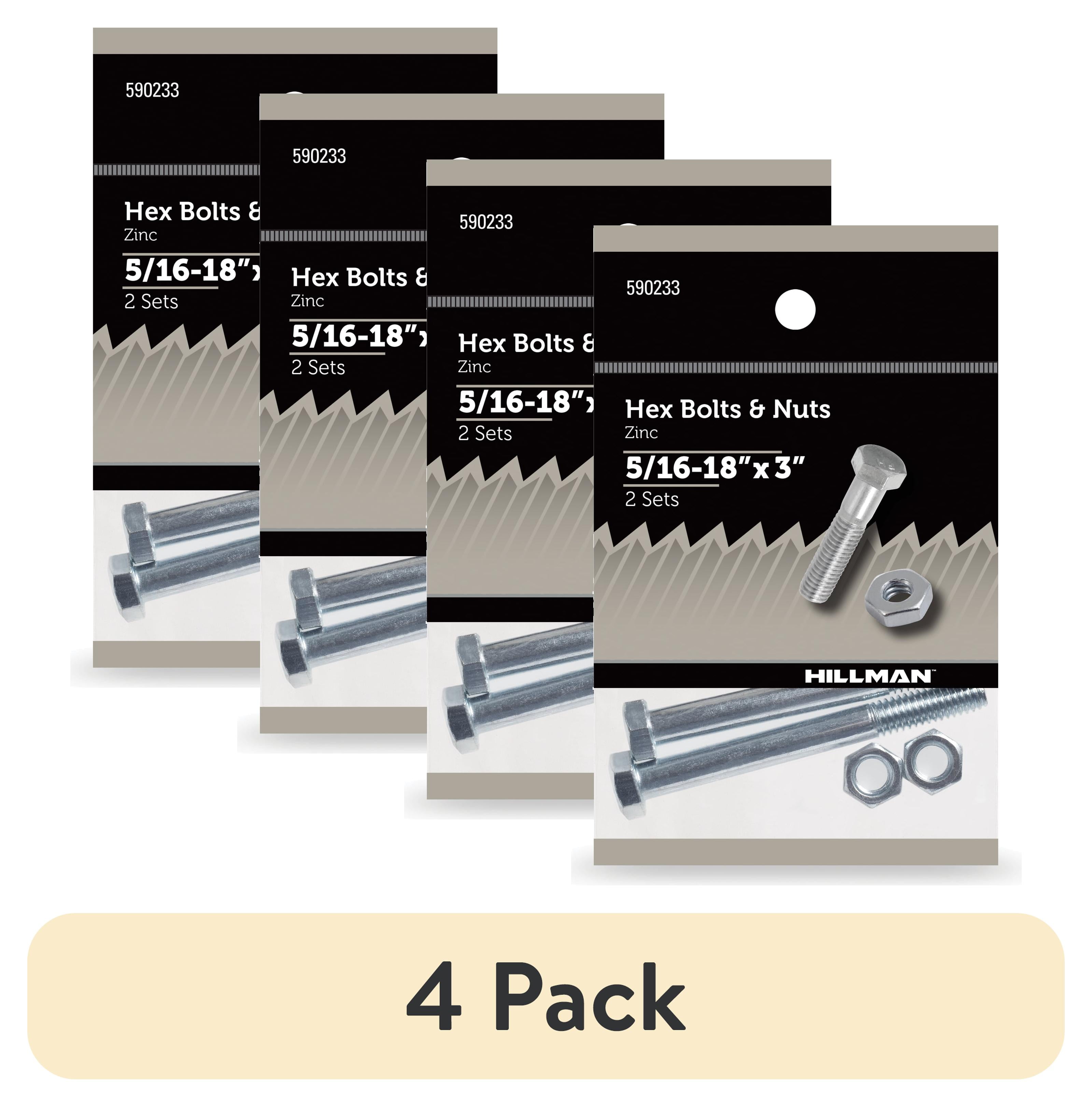 (4 pack) Hillman Hex Bolts and Nuts, 5/16-18" x 3", Steel, Zinc Finish, Silver, 2, sets