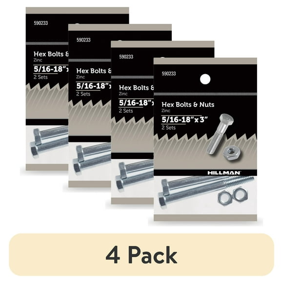 (4 pack) Hillman Hex Bolts and Nuts, 5/16-18" x 3", Steel, Zinc Finish, Silver, 2, sets