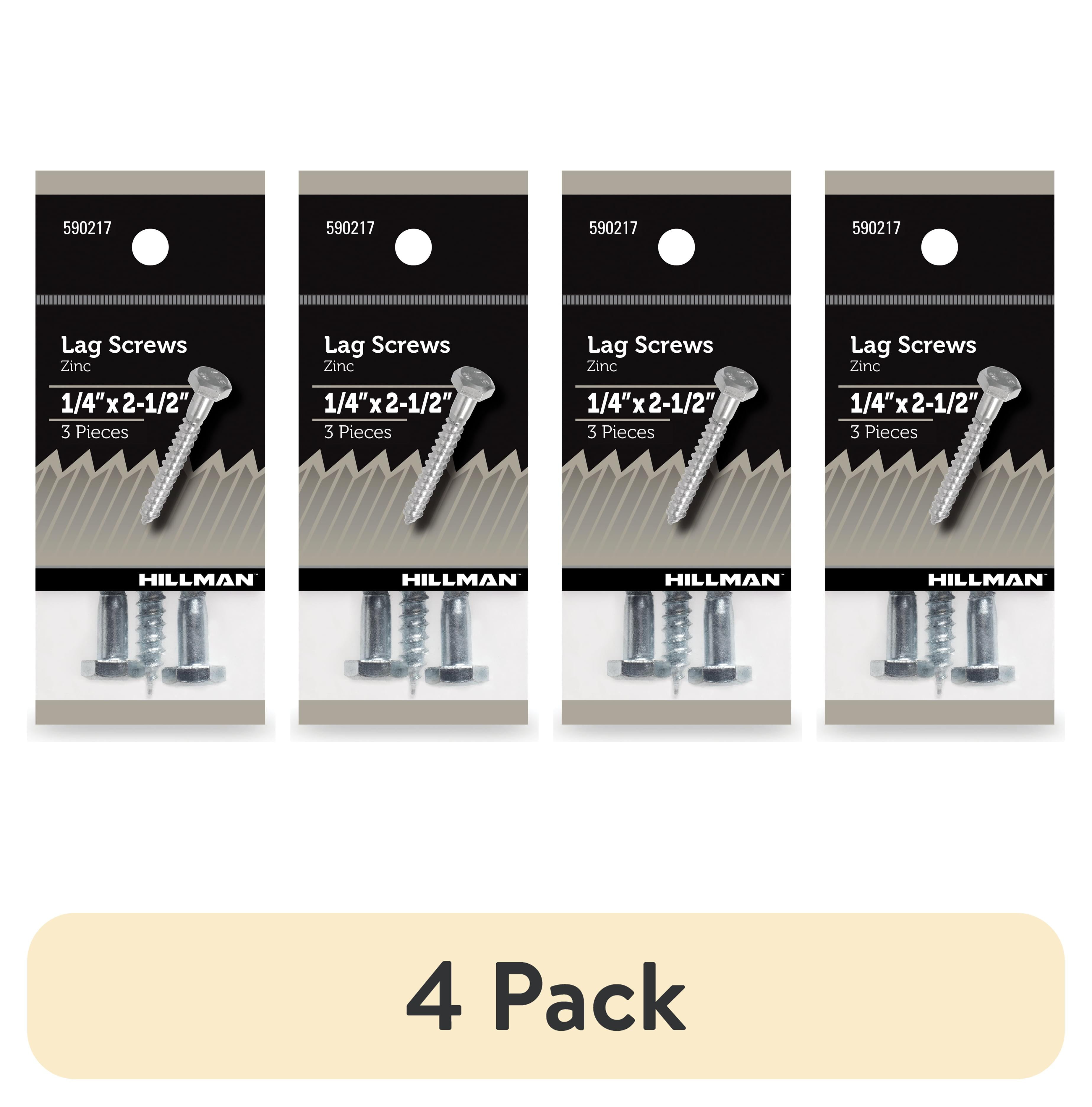 (4 pack) Hillman Lag Screws, 1/4" x 2-1/2", Steel, Zinc, Interior Screws, Hex, Silver, 3 pack