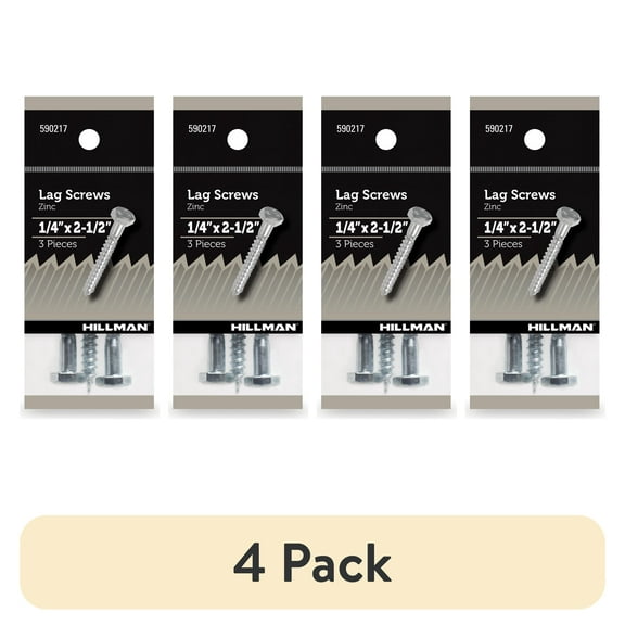(4 pack) Hillman Lag Screws, 1/4" x 2-1/2", Steel, Zinc, Interior Screws, Hex, Silver, 3 pack