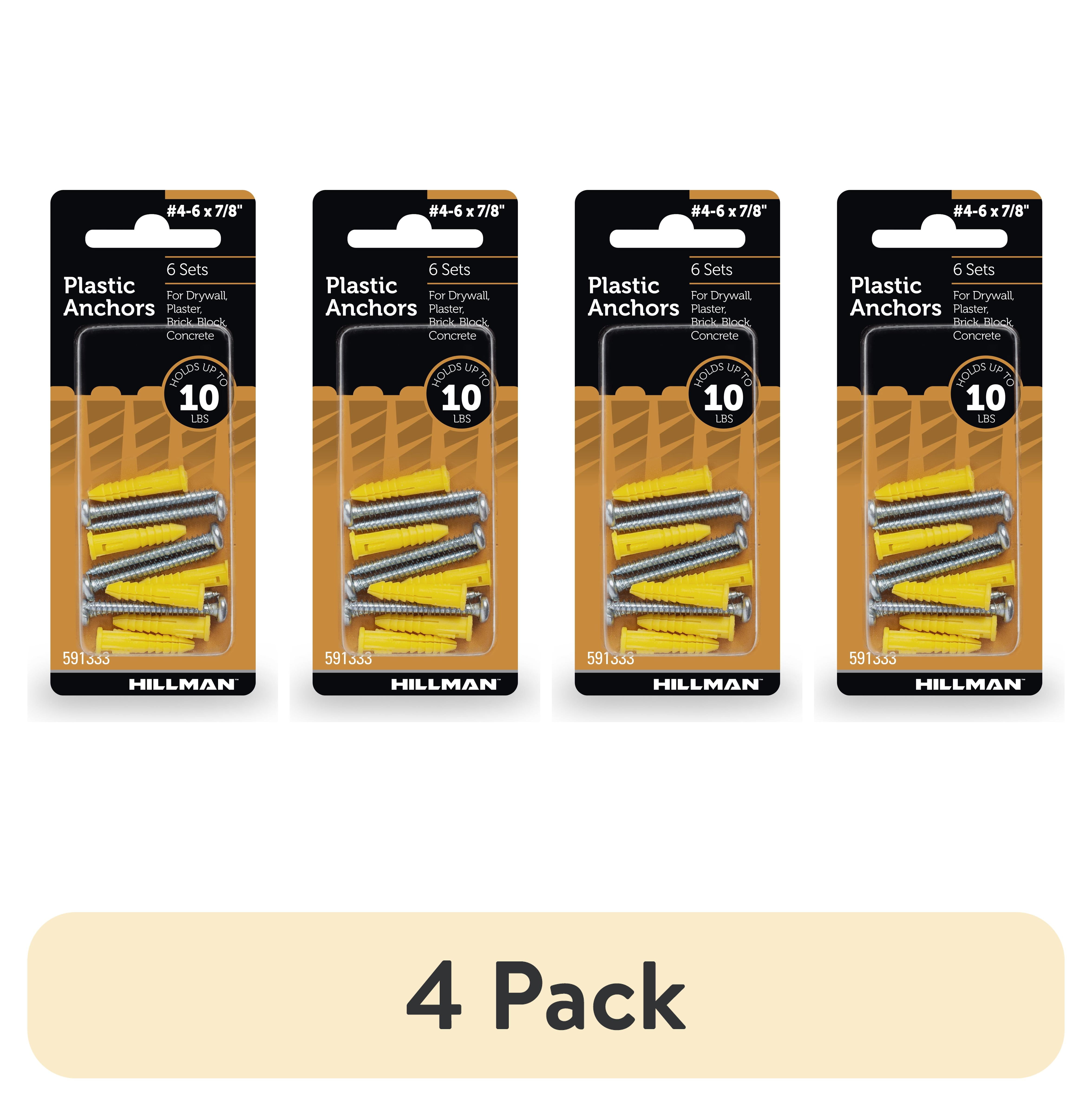 (4 pack) Hillman Multi-Material Ribbed Anchor Screws, #4-6 x 7/8", Plastic and Steel, 10 lbs, Yellow, 6 sets