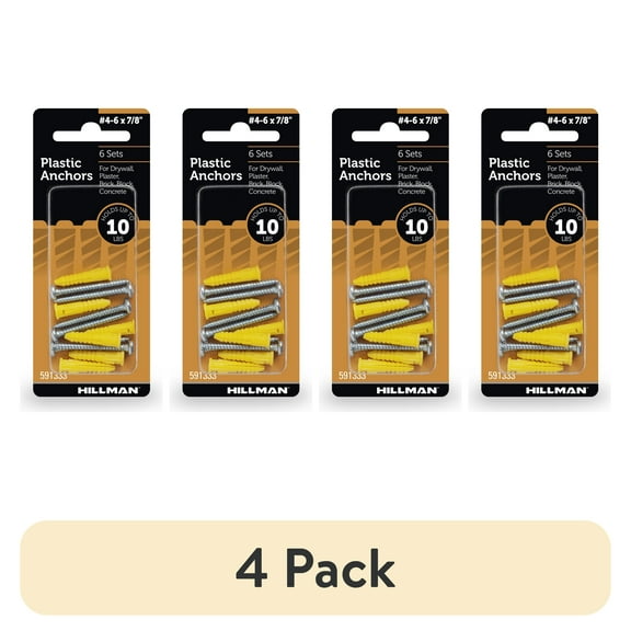 (4 pack) Hillman Multi-Material Ribbed Anchor Screws, #4-6 x 7/8", Plastic and Steel, 10 lbs, Yellow, 6 sets