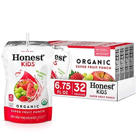 (4 pack) Honest Kids Organic Super Fruit Punch Juice, 6.75 fl oz, 8 Pouches