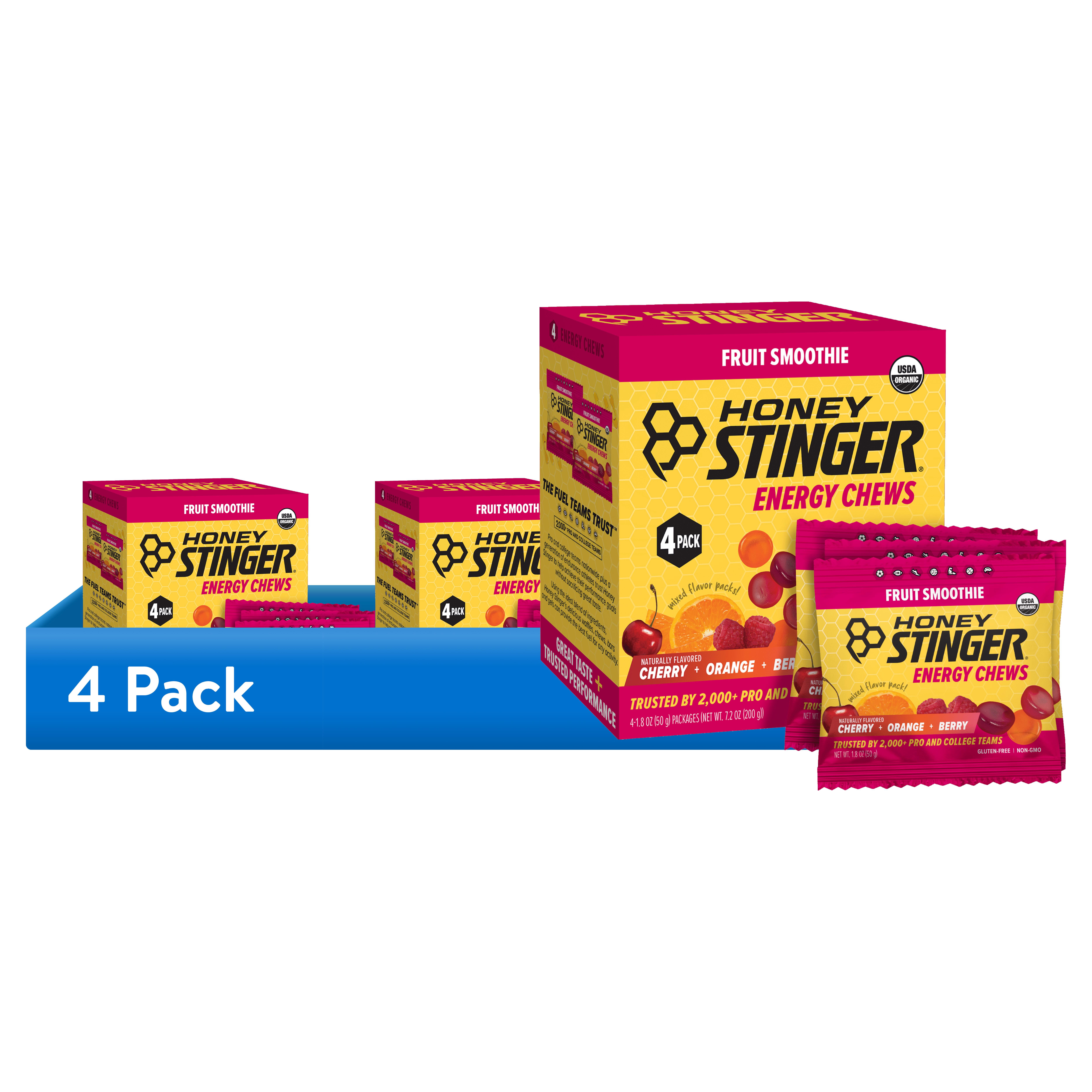 (4 pack) Honey Stinger Organic Gluten-Free Energy Chew, Fruit Smoothie, 4 Count Box
