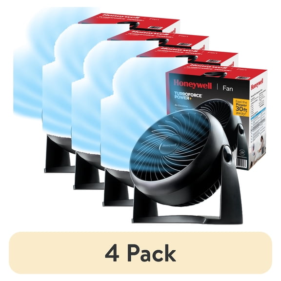 (4 pack) Honeywell 10  Turbo Force Power Small Table Fan, 30ft. Air Circulation Power, Quiet operation, 3 Speed, 90 Pivot, Wall Mountable, Black, HPF820BWM