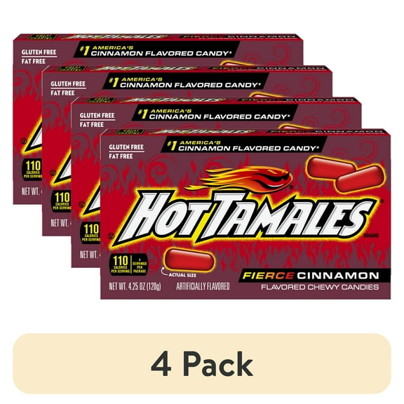 (4 pack) Hot Tamales Fierce Cinnamon Chewy Candy, 4.25 Ounce Theater Box