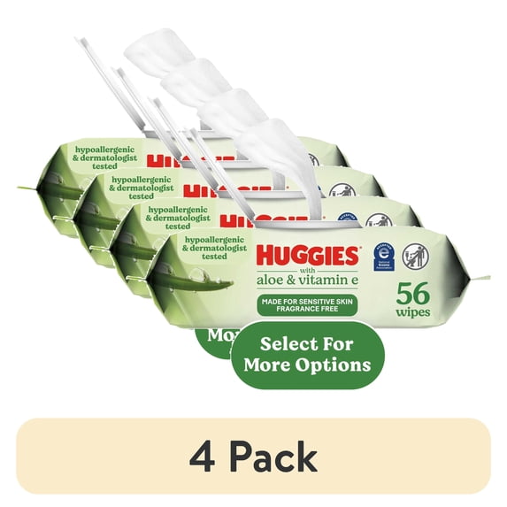 (4 pack) Huggies Wipes with Aloe & Vitamin E, Unscented, 1 Flip-Top Pack, (56 Wipes)