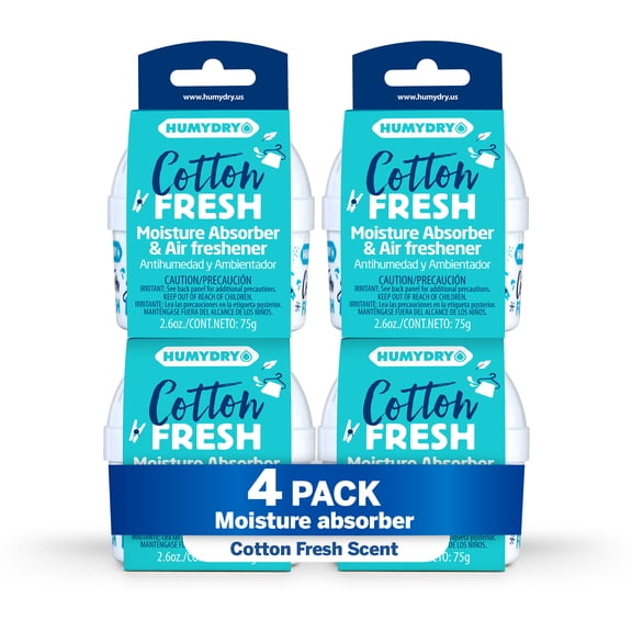 (4 pack) Humydry Moisture Absorber Mini 2.6oz Device, Small Space Dehumidifier and Air Freshener with Fresh Cotton Scent, Non Electric , ideal for Closets, Bedrooms and Small Spaces