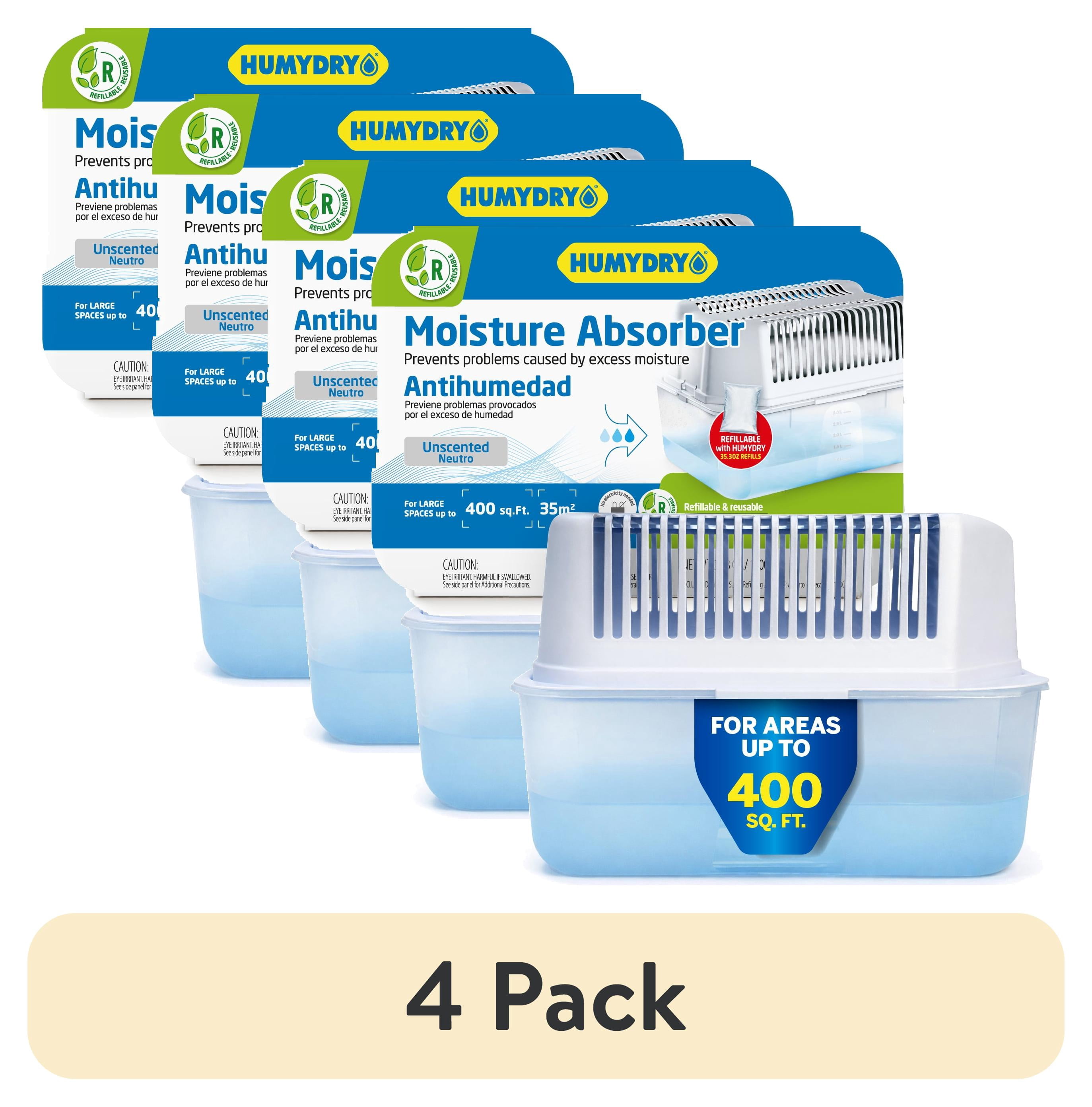 (4 pack) Humydry Moisture Absorber Dehumidifier Device, 35.3 oz, includes 1 Pre-Measured Refill, Fragrance Free for Basements, Bedrooms, and Large Enclosed Spaces