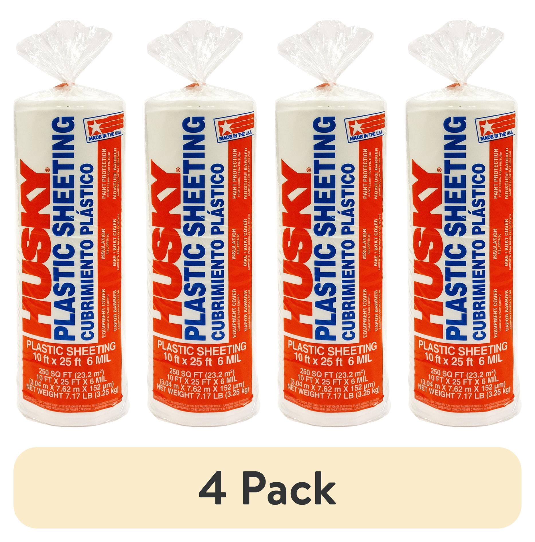 (4 pack) Husky 6 Mil Heavy Duty Clear Plastic Sheeting, 10 ft. x 25 ft.