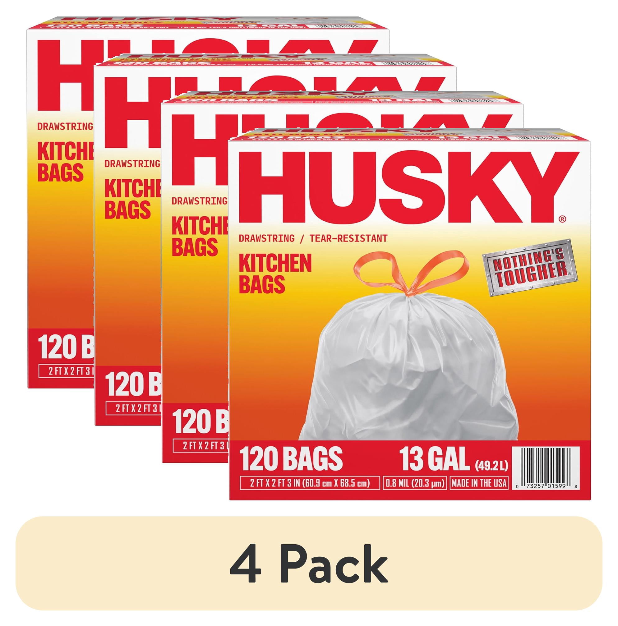 (4 pack) Husky 13 Gallon Tall Kitchen Drawstring Bags, 120 Bags