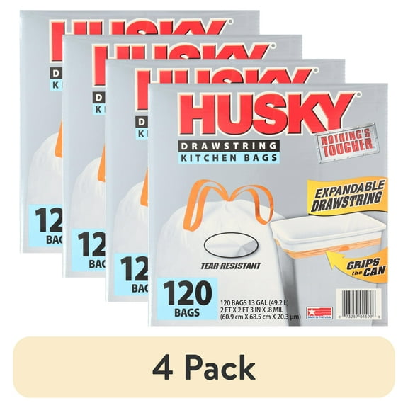 (4 pack) Husky 13 Gallon Tall Kitchen Drawstring Bags, 120 Bags