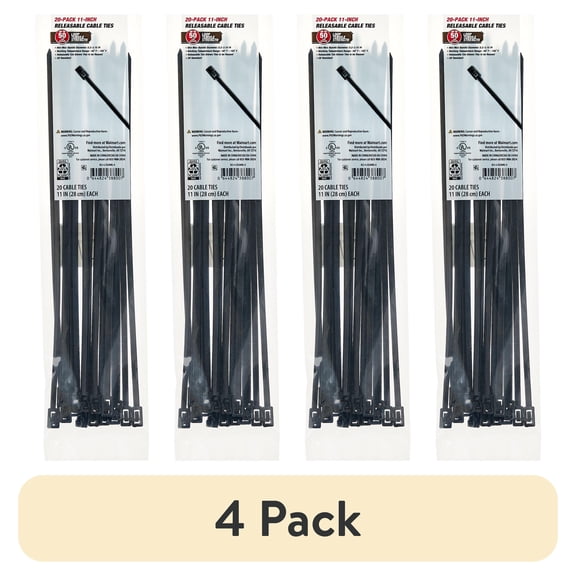 (4 pack) Hyper Tough 11-Inch Releasable Cable Ties, Black, 20 Count