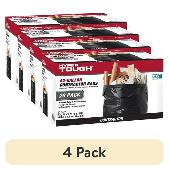 (4 pack) Hyper Tough 42-Gallon Flap Tie Contractor Bags, 3 MIL, 20 Bags