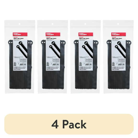 (4 pack) Hyper Tough 4IN and 8IN Hook & Loop Straps, Black, 20 Count