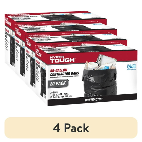 (4 pack) Hyper Tough 55-Gallon Flap Tie Contractor Bags, 2 MIL, 20 Bags