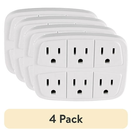 (4 pack) Hyper Tough 6 Outlet Grounded Wall Tap, 15 Amps, White
