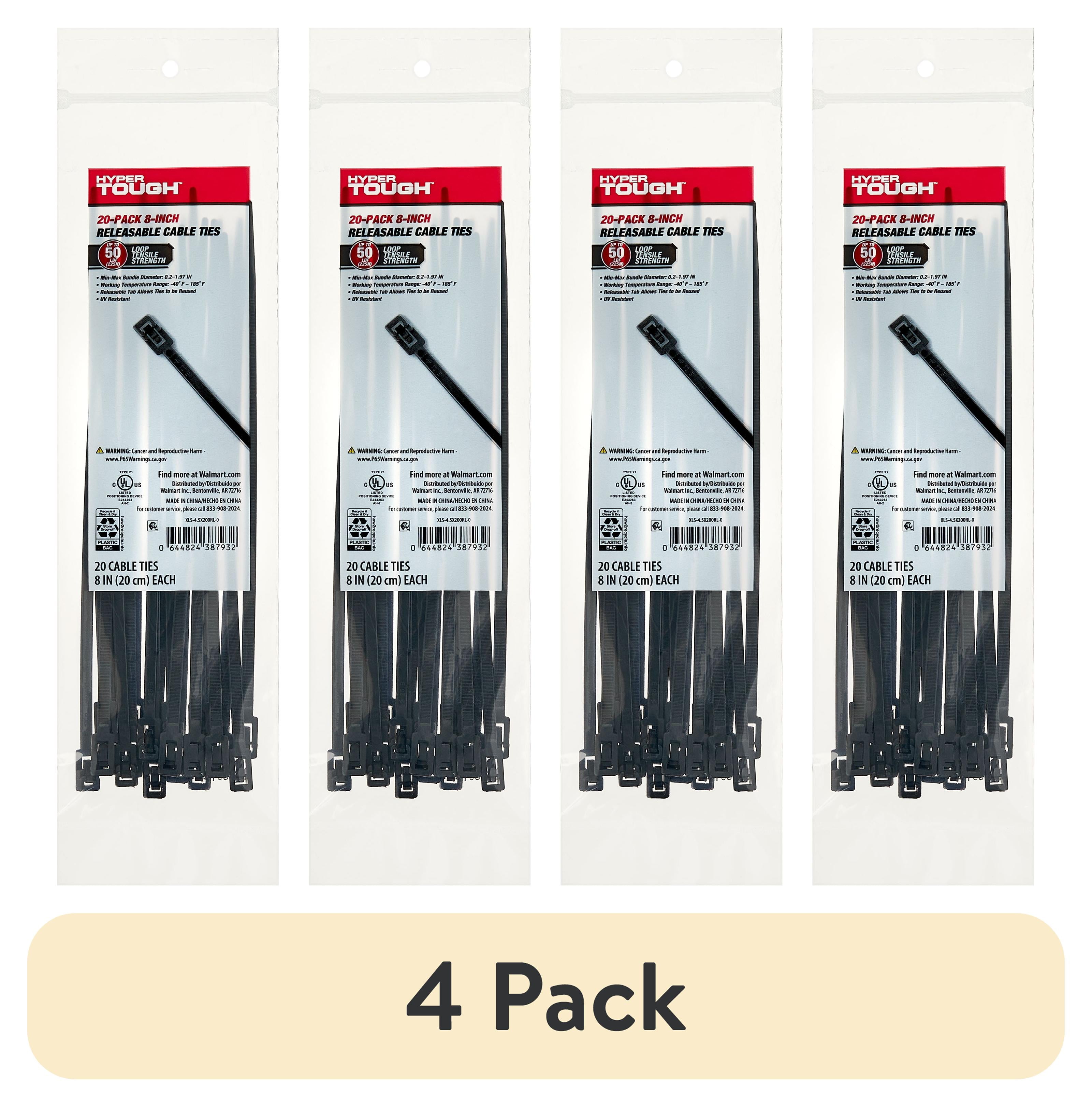 (4 pack) Hyper Tough 8-Inch Releasable Cable Ties, Black, 20 Count