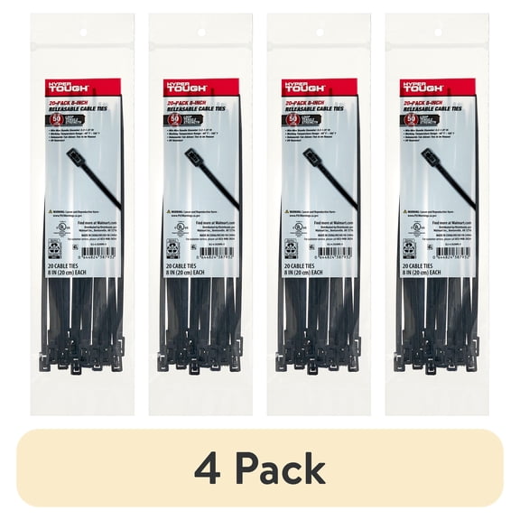 (4 pack) Hyper Tough 8-Inch Releasable Cable Ties, Black, 20 Count