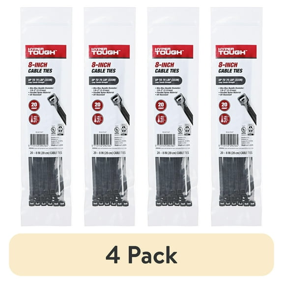 (4 pack) Hyper Tough 8 inch Cable Tie Uv Black 20Pcs