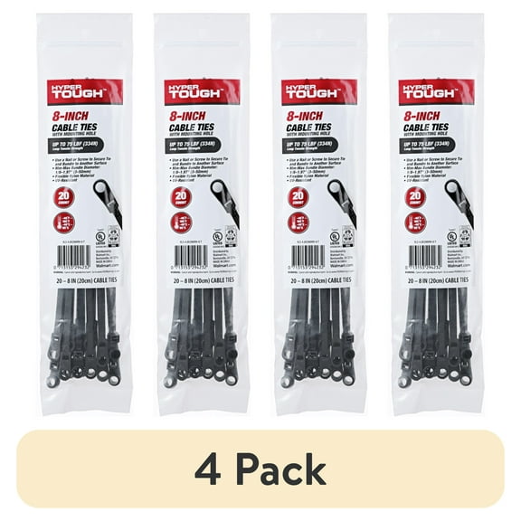 (4 pack) Hyper Tough 8inch Mounting Cable Tie Black 20Pcs