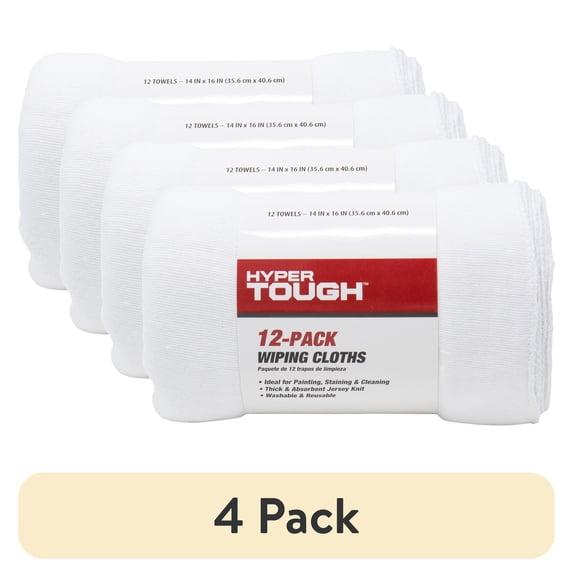 (4 pack) Hyper Tough Wiping Cloths, Natural, 14" x 16", Pack of 12, Jersey Knit Multi-Purpose Towels