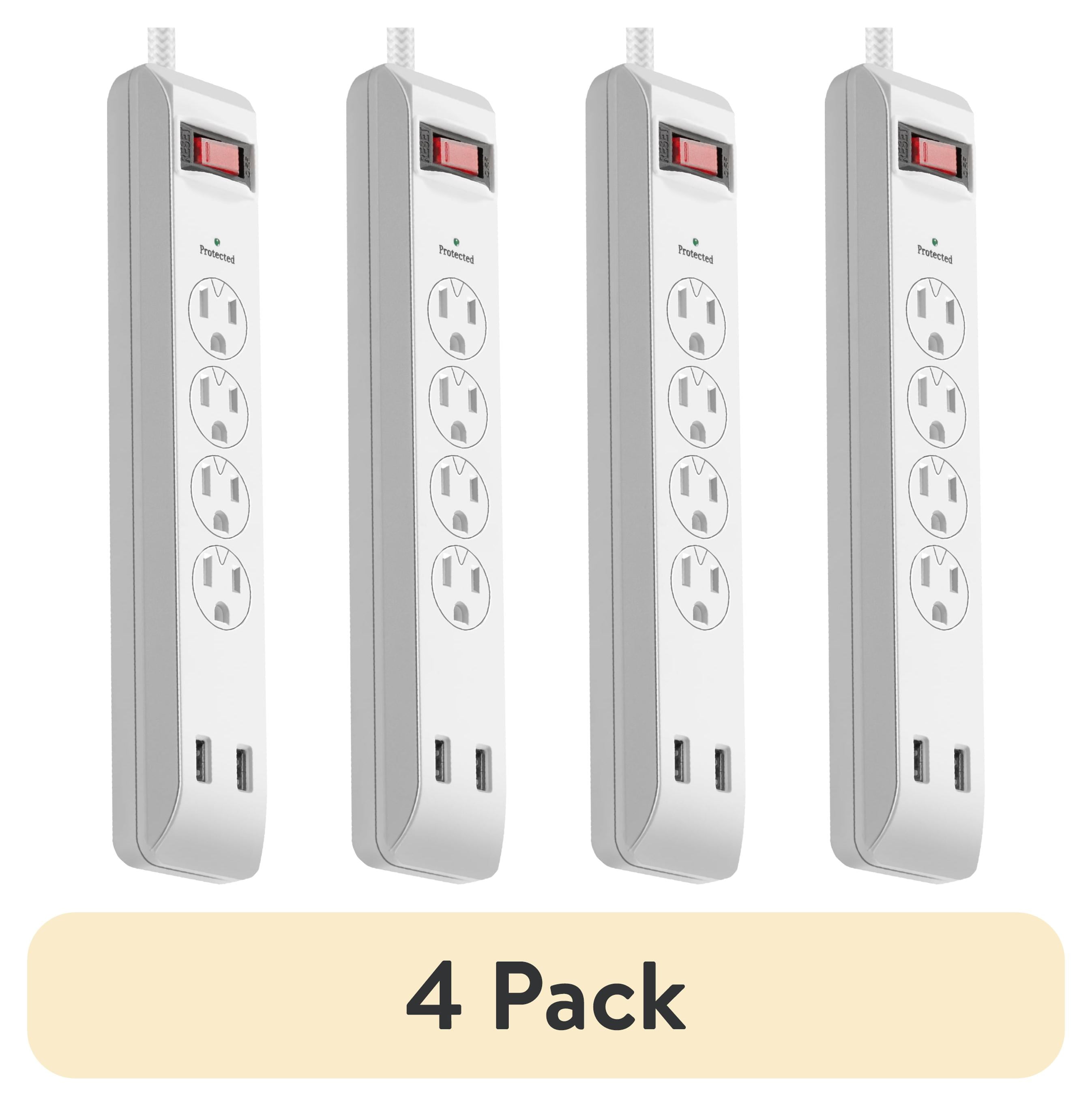 (4 pack) Hyper Tough Surge Protector Power Strip with USB, 4 Outlets, 10 ft Braided Extension Cord, White