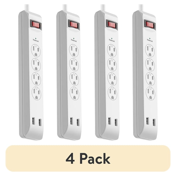 (4 pack) Hyper Tough Surge Protector Power Strip with USB, 4 Outlets, 10 ft Braided Extension Cord, White