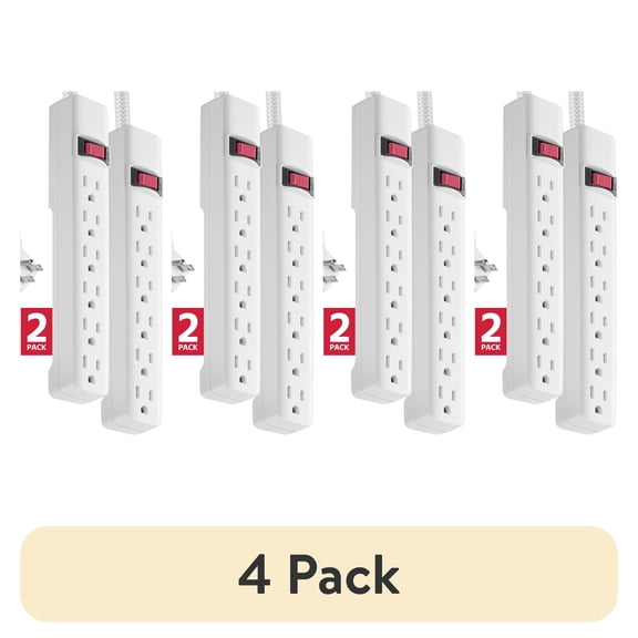 (4 pack) Hyper Tough 6-Outlet Indoor Power Strip, 8 ft Braided Extension Cord, ETL Certified, White, 2-Pack