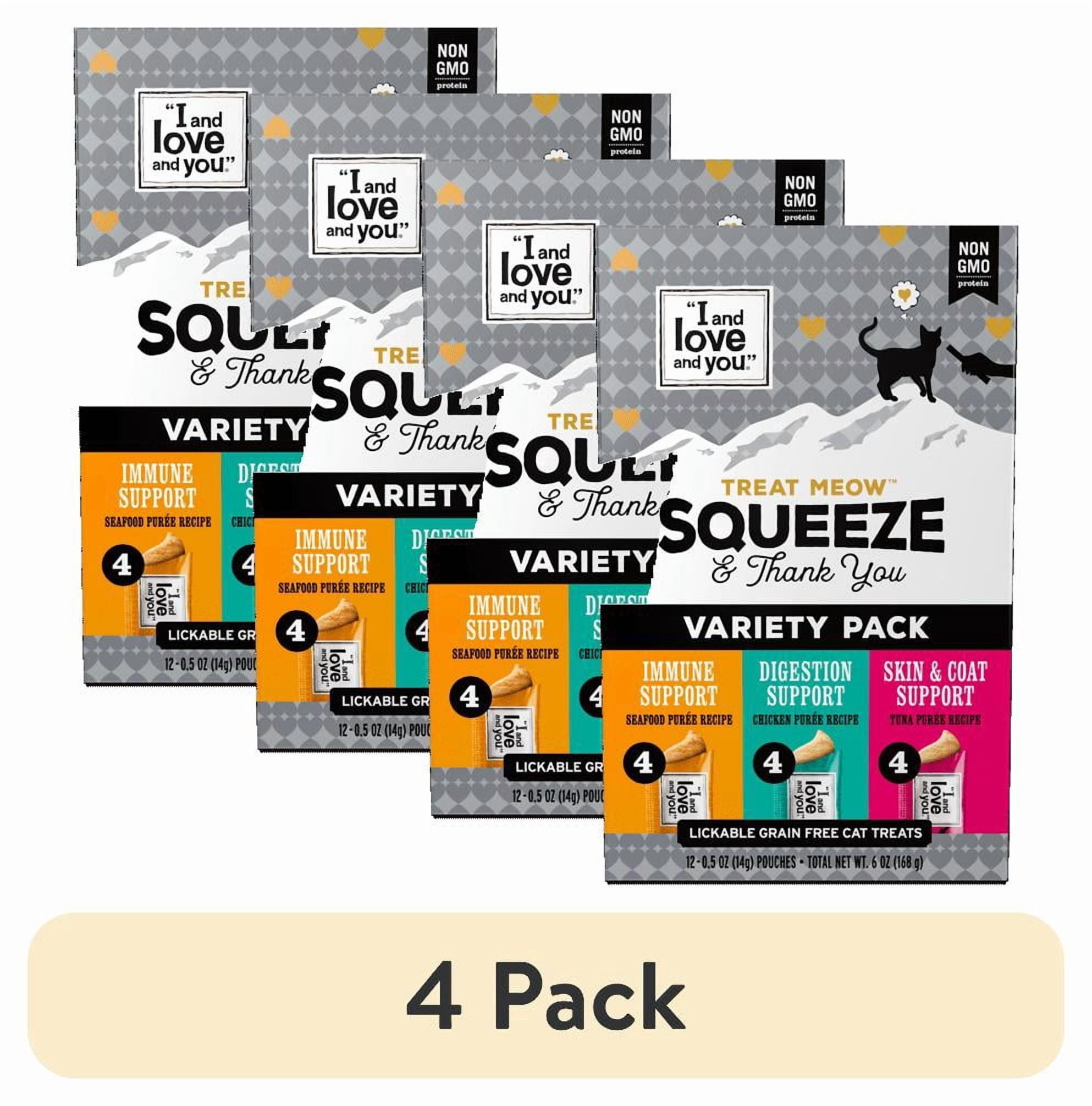(4 pack) "I and love and you" Treat Meow Squeeze & Thank You Lickable Cat Treat Variety Chicken/Tuna