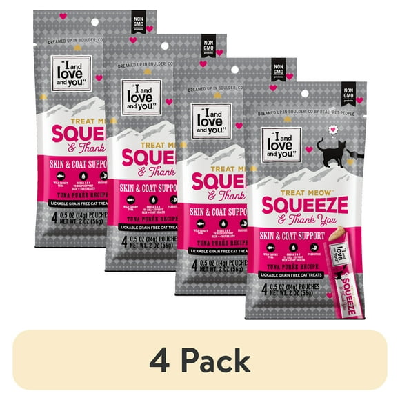(4 pack) "I and love and you" Treat Meow Squeeze & Thank You, Skin & Coat Support, Cat Treat, 4 Ct.