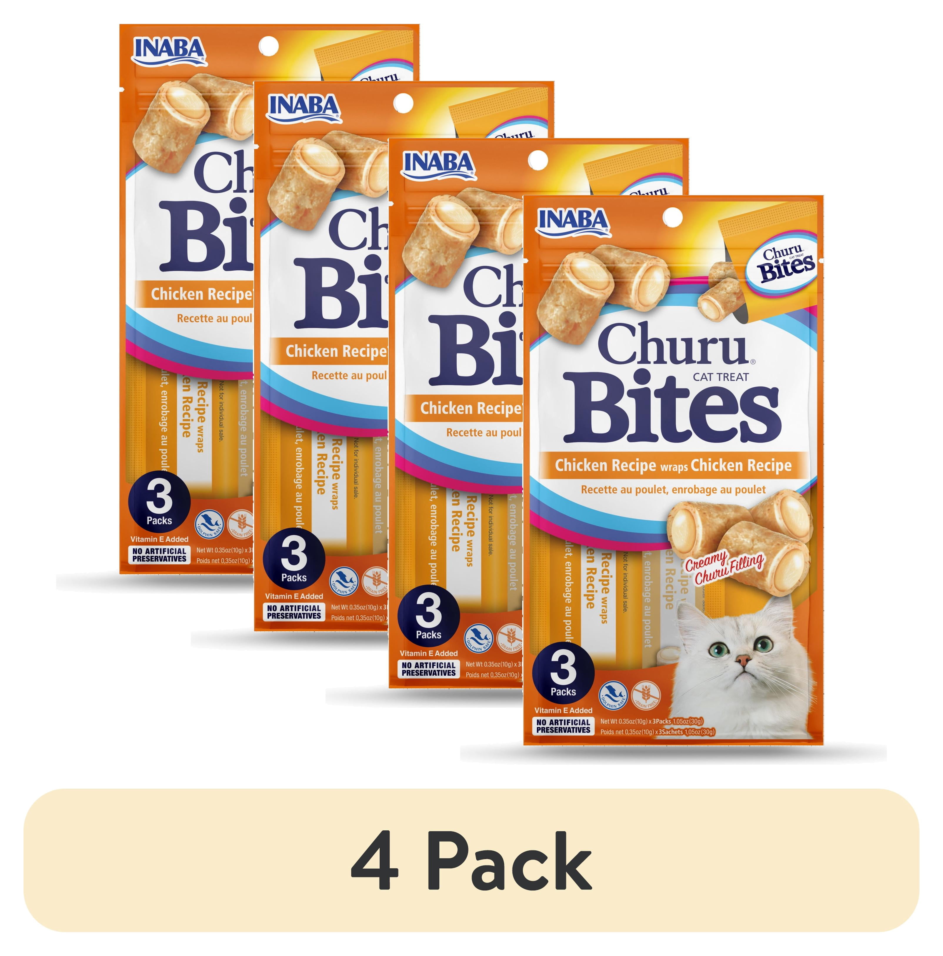 (4 pack) INABA Churu Bites for Cats, Grain-Free, Soft/Chewy Baked Chicken Wrapped Cat Treats with Savory Churu Centers, 0.35 Ounces Each Tube, 3 Tubes, Chicken Recipe